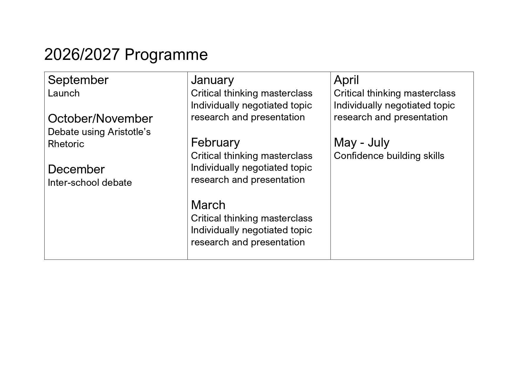 2026/2027 Programme
